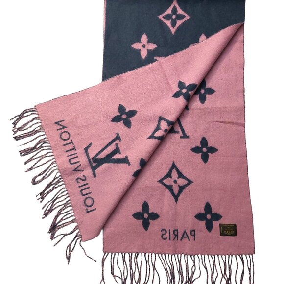 LOUIS VUITTON Reykjavik Navy Blue & Lavender Reversible Cashmere Scarf Pre-Owned - Picture 8 of 11